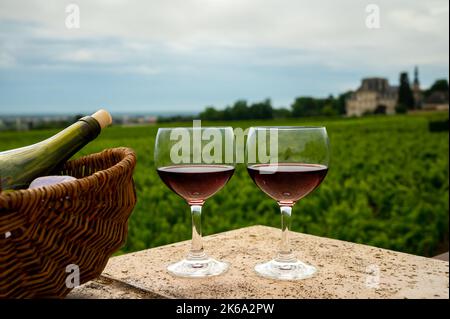 Verkostung von rotem, trockenem Pinot Noir in Gläsern auf erstklassigen und Grand Cru-Weinbergen in der Weinbauregion Burgund in der Nähe des Dorfes Vosne-Romanée, Frankreich Stockfoto