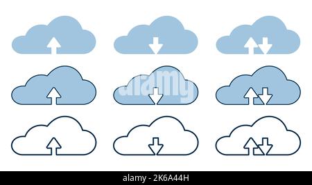 Sammelwolke mit Pfeilliniensymbol. Hochladen und Herunterladen von Vektorsymbolen für Wolkenpfeilsymbole. Wolken mit Pfeilen nach oben und unten isolierte blaue Zeichen Stock Vektor