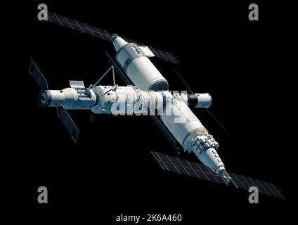 Chinesische Raumstation Tiangong 2022, komplette Ansicht. Stockfoto