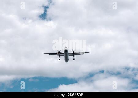 Kleines Propellerflugzeug, das vor der Landung über den Kopf fliegt. Der Boden des Flugzeugs am Himmel Stockfoto