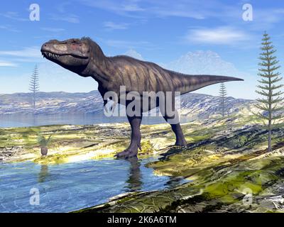 Tyrannosaurus rex Dinosaurier, der an einem prähistorischen See entlang läuft. Stockfoto