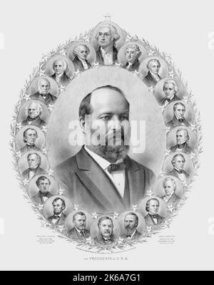 Druck aus dem 19.. Jahrhundert, der verschiedene Präsidenten zeigt, die dem Land dienten, mit James Garfield in der Mitte. Stockfoto