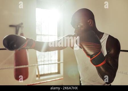 Junger Boxer, der einen Jab in einen Boxring wirft. Sportlicher junger Mann, der in einer Boxhalle trainiert. Stockfoto