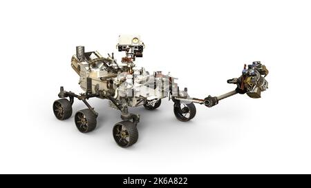 Mars Perseverance Rover auf weißem Hintergrund. Stockfoto