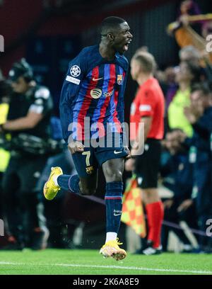 Barcelona, Spanien. 12. Oktober 2022. Ousmane Dembele aus Barcelona feiert ein Tor während des UEFA Champions League-Fußballspiels der Gruppe C zwischen dem FC Barcelona und Inter Mailand im Camp Nou in Barcelona, Spanien, am 12. Oktober 2022. Quelle: Joan Gosa/Xinhua/Alamy Live News Stockfoto