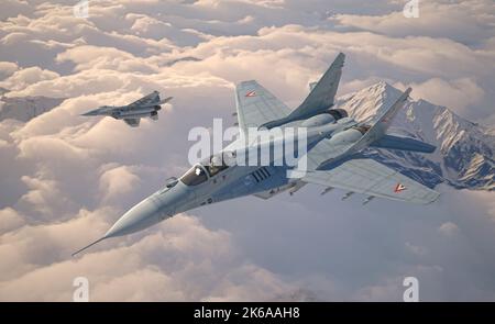 3D Illustration von zwei MiG-29 Kampfflugzeugen, die über den Wolken fliegen. Stockfoto