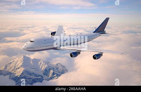 3D Abbildung eines Passagierflugzeugs, das über den Wolken fliegt. Stockfoto