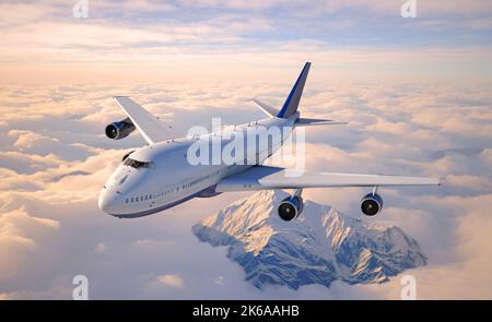 3D Abbildung eines Passagierflugzeugs, das über den Wolken fliegt. Stockfoto