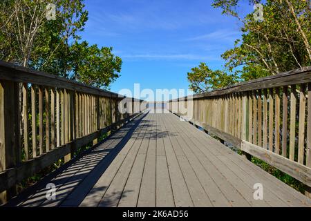 Blick über den Peace River zwischen Port Charlotte und Punta Gorda, Florida von einem Erholungsweg mit Aussichtsplatten im Trabue Park Stockfoto