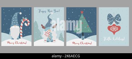Sammlung von Weihnachtskarten mit skandinavischen Gnomen. Cute Cartoon Gnome Mädchen mit Lollipop und Neujahr Gnome mit Karamellstock und Weihnachtsbaum Stock Vektor