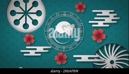 Bild der chinesischen symbolischen mit Maus, Blumen und Formen auf grünem Jakobsmuschel Hintergrund. Chinesische Kunst, Kultur, Tradition und Kalender. Stockfoto