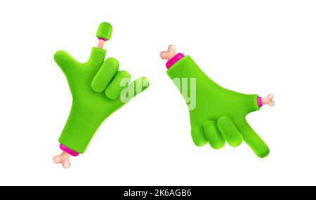 Zombie Hands 3D Render, grüne Monster Charakter Handfläche zeigt nach oben und unten Gesten. Lustige Halloween Personage Finger mit Knochen isoliert auf weißem Hintergrund, Illustration in Cartoon-Kunststoff-Stil Stock Vektor