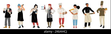 Restaurantpersonal, Mitarbeiter Teamchef, Kellner, Bäcker und Barista verschiedene multirassische Charaktere tragen Uniform mit Tabletts und Mahlzeiten isoliert auf weißem Hintergrund, Cartoon lineare flache Vektor-Illustration Stock Vektor