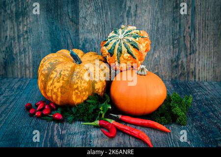 Chilischoten, Kürbisse, Petersilie Herbstgemüse auf einem Holztisch Stockfoto