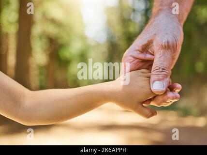 Hand in Hand mit Opa. Nahaufnahme eines nicht erkennbaren Mannes und seines Enkels, der sich die Hände hielt, während er durch den Wald ging. Stockfoto