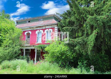 Ein ländliches verlassene geschlossen leeres Haus Bauernhaus Bauernhaus Bauernhaus Gebäude bewachsenen Bäumen Hof Stockfoto