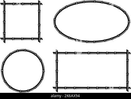 Bambusstamm Kreis und Rechteck Rahmen. Natürliches ovales und quadratisches Textfeld. Bambuszweiggrenze. Leere Rahmenvorlage. Vektordarstellung isoliert Stock Vektor