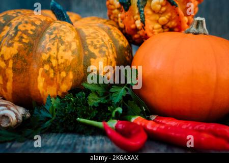 Chilischoten, Kürbisse, Petersilie Herbstgemüse auf einem Holztisch Stockfoto