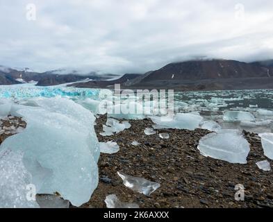 Panoramablick auf den 14.. Juli-Gletscher oder den Fjortende Julibreen. Ist ein schöner Gletscher, der im Nordwesten Spitzbergens gefunden wurde. Schwimmendes Packeis. Stockfoto