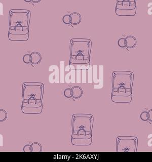 Nahtlose Muster Verlobungsringe auf rotem Hintergrund. Flaches Design mit dünner Linie. Vektor Stock Vektor