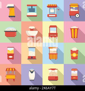 Popcorn Maker Maschine Symbole setzen flachen Vektor. Cinema Corn. Kochen Stock Vektor