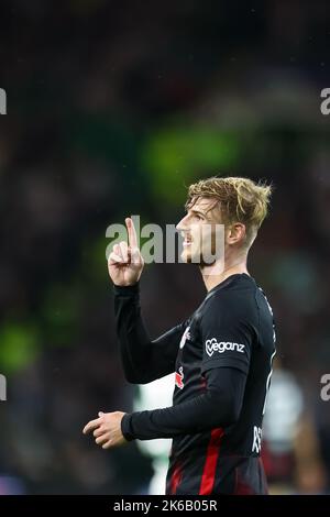 Glasgow, Großbritannien. 11. Oktober 2022. Fußball: Champions League, Gruppenphase, Gruppe F, Matchday 4: Celtic Glasgow - RB Leipzig im Celtic Park. Leipzigs Spieler Timo Werner Gesten. Quelle: Jan Woitas/dpa/Alamy Live News Stockfoto