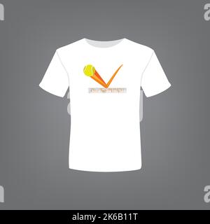 Weißes T-Shirt mit geometrischem Tennisball mit niedrigem Poly-Effekt auf grauem Hintergrund Stock Vektor