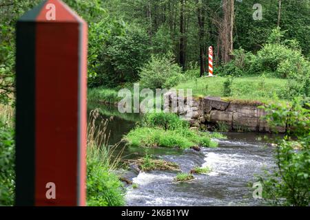 Grenzpole auf der Grenzlinie zwischen Polen und Weißrussland am Fluss Svisloch. Stockfoto