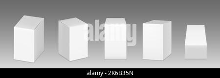 Realistischer Satz von Box-Mockups png isoliert auf grauem Hintergrund. Vektor-Illustration von weißem Karton-Verpackungsmaterial für Geschenke, Waren, Postversand. Stock Vektor