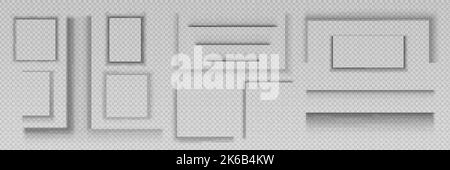 Schattenrahmen für Webbanner, Balken, Etiketten, Papierbogen, Poster oder Aufkleber. Vektor realistische Satz von Quadrat-, Rechteck- und Linienschatteeffekten isoliert o Stock Vektor