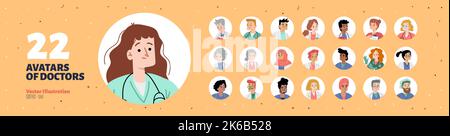 Avatare von Ärzten, Krankenschwestern, Gesundheitspersonal. Verschiedene Menschen Krankenhauspersonal, professionelle Sanitäter Porträts in Kreisform, Vektor Stock Vektor