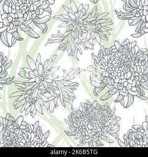 Florales Nahtmuster mit Chrysanthemen. Handgezeichnet mit Stift- und Tintendesign. Vektor-Kachelmuster auf weißem Hintergrund. Stock Vektor