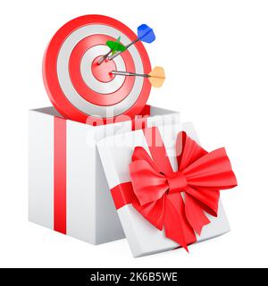 Ziel mit Pfeilen in Geschenkbox, Geschenkkonzept. 3D Darstellung isoliert auf weißem Hintergrund Stockfoto