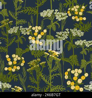 Nahtloses Muster mit handskizzierten Elementen. Blumen und Kräuter handgezeichnet in Tinte. Farbenfrohe botanische Darstellung wilder Pflanzen. Stock Vektor