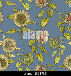 Sonnenblumen handgezeichnet auf blauem Hintergrund. Naturalistische gelb-orange Blüten in einem floralen nahtlosen Muster. Sommerdruck für Design. Stock Vektor