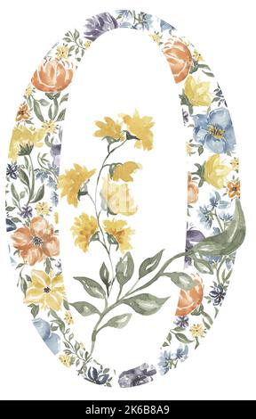 Wildflowers Number Zero Blossom Alphabet Design. Aquarell Floral Zahl 0 isoliert auf weißem Hintergrund. Stockfoto