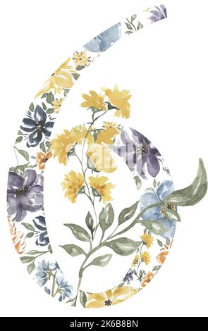 Wildflowers Number Six Blossom Alphabet Design. Aquarell Floral Zahl 6 isoliert auf weißem Hintergrund. Stockfoto