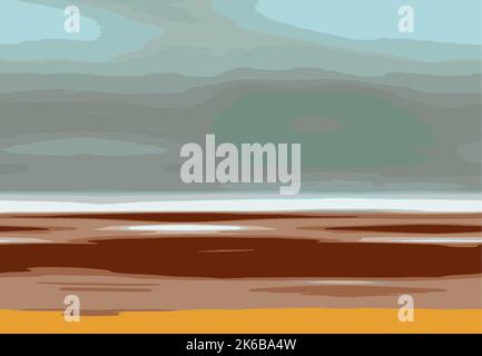 Abstrakte Landschaftskunst Illustration mit Strand, Himmelswolken und Ozeanvektor - Blau und Goldene Farben Stock Vektor