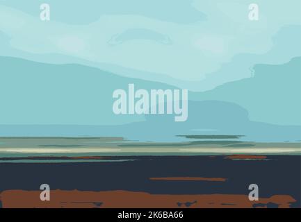 Abstrakte Landschaftskunst Illustration mit Strand, Himmelswolken und Ozeanvektor - Blau und Grün Farben Stock Vektor