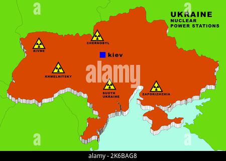 Ukraine: 3D Abbildung Kernkraftwerksstandorte mit nuklearen Symbolen und nuklearen Standorten in der dreidimensionalen Karte der von Krieg gefährdeten Ukraine. Stockfoto