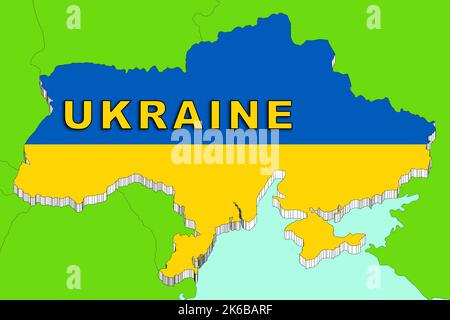 ukraine: Karte mit Rändern in dreidimensionaler Form und mit den Farben der gelben und blauen Flagge. Sie grenzt an die europäische union und Russland Stockfoto