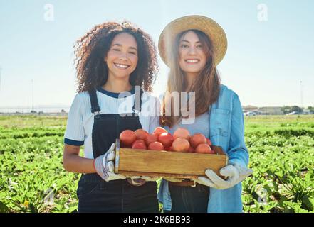 Frisch aus der Natur. Zwei Farmerinnen halten eine Kiste frisch geernteter Tomaten in der Hand. Stockfoto