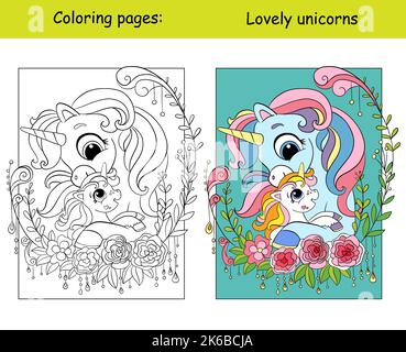 Nette Mutter Einhorn und Baby in Blumenkranz. Kids Färbung mit Farbvorlage. Vektor-Cartoon-Illustration isoliert auf weißem Hintergrund. Für Bildung Stock Vektor