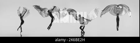 Monochrom. Junge schöne weibliche Balletttänzerin in verschiedenen Bildern tanzen mit Seidenstoff isoliert auf grauem Hintergrund. Konzept von Kunst, Schönheit Stockfoto