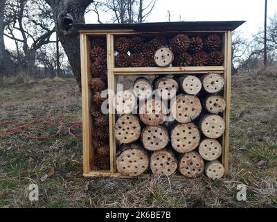 Insektenhotel im Freien Stockfoto
