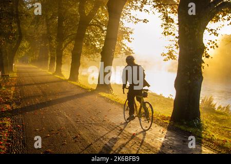 Preston, Lancashire. Wetter in Großbritannien; 13. Oktober 2022. Die Sonne geht über dem River Ribble auf, während die Anwohner in der Morgendämmerung am Riverside Walk, einem kalten nebligen Start in den Tag, leichte Übungen machen. Avenham Park Familienbereich, Rad- und Wanderwege im Nordwesten Englands. Kredit; MediaWorldImages/AlamyLiveNewsl Stockfoto