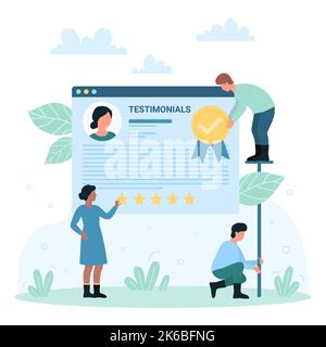 Testimonials, Kunden Feedback Bewertung über Qualität der Produkt Vektor Illustration. Cartoon kleine Menschen mit Siegel mit einem Prüfsiegel und Bewertung fünf Sterne auf Kunden Testimonial Dokument Stock Vektor