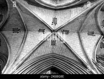 Blick auf die Decke der St Alban's Cathedral, St.Albans, Hertfordshire, England, Großbritannien. Stockfoto