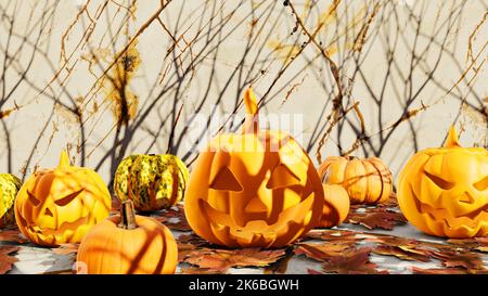 3D Illustration Hintergrund für Werbung und Tapete in Grusel- und Horrorszene. 3D Rendering im dekorativen Konzept. Stockfoto