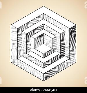 Illustration von Scratchboard gravierten kubischen Formen mit weißer Füllung isoliert auf einem weißen Hintergrund Stock Vektor